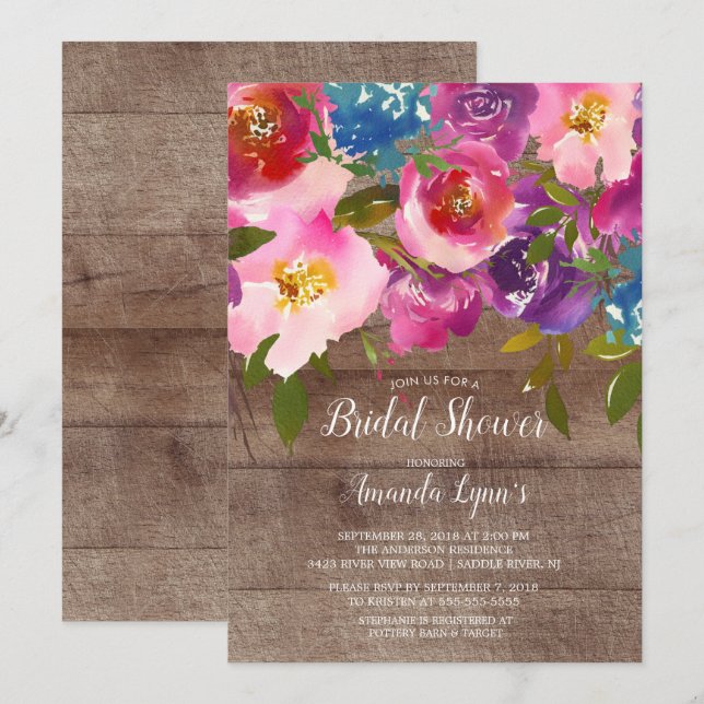 Fleurs Rustiques Rose Bois Invitation à la douche  (Devant / Derrière)