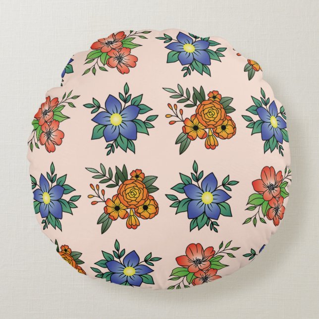Fleurs rustiques vibrantes Coussin rond (Devant)
