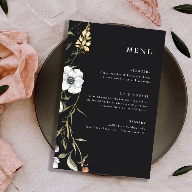 Fleurs sauvages botaniques foncés | Menu Mariage é (A trendy and whimsical wedding menu featuring colorful wildflowers)