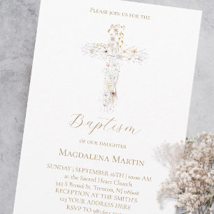 fleurs sauvages croix Invitation de baptême