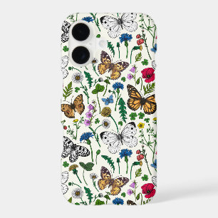 Fleurs sauvages et papillons sur fond blanc