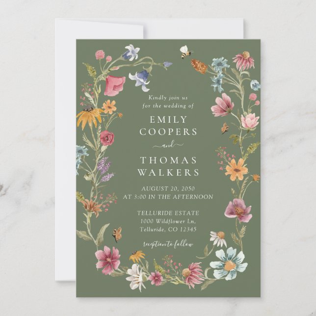 Fleurs sauvages verts Sage Faire-part de mariage (Devant)