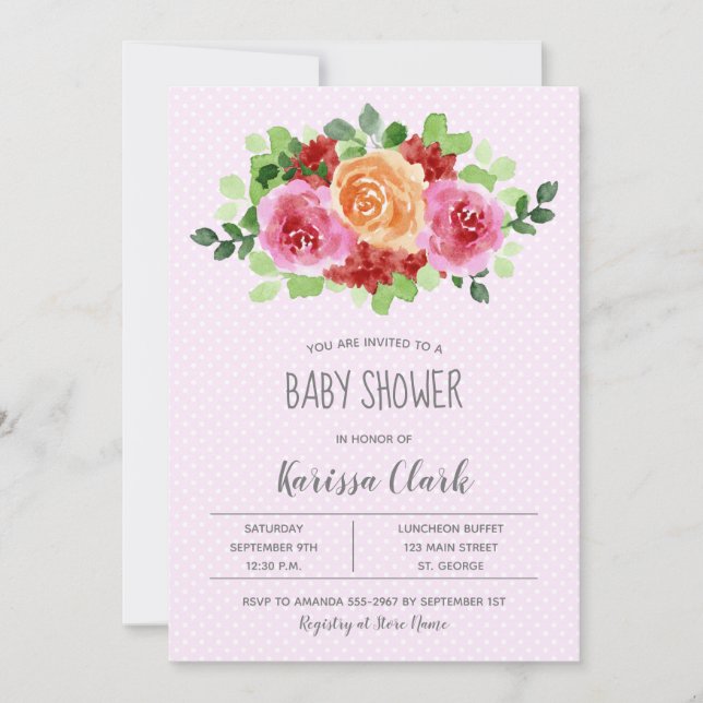 Fleurs sur Pois rose fille Invitation Baby shower (Devant)