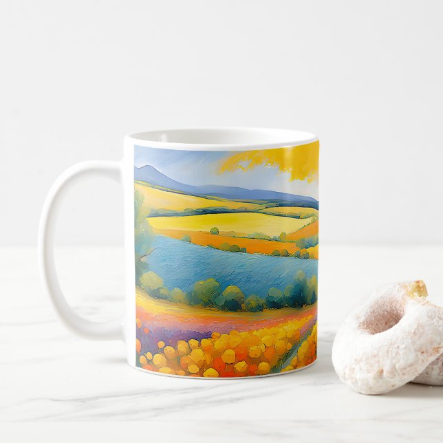 “Fleurs Tranquilles” Wide Landscape Provence Coffee Mug (With Donut)