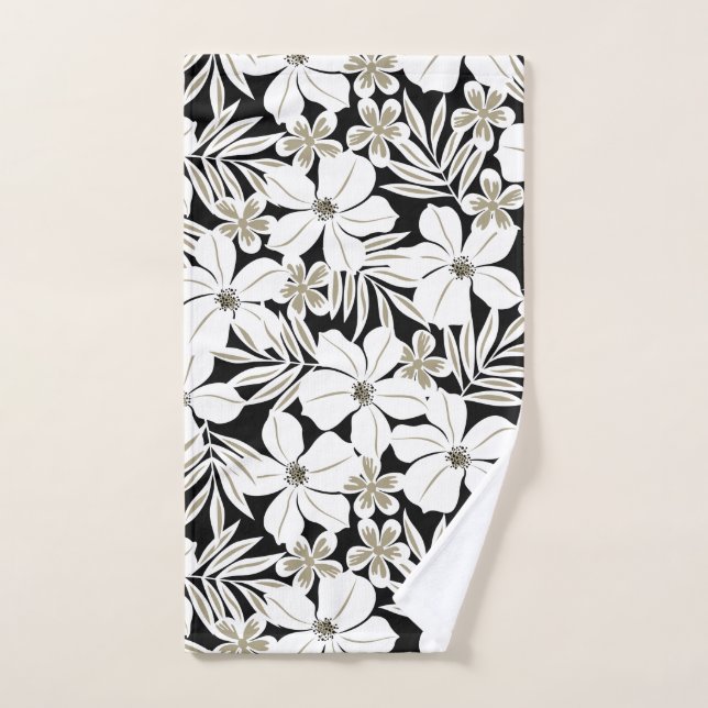 Fleurs tropicales blanches en noir (Serviette à main)