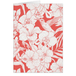 Fleurs tropicales et colibri en corail et dépareil