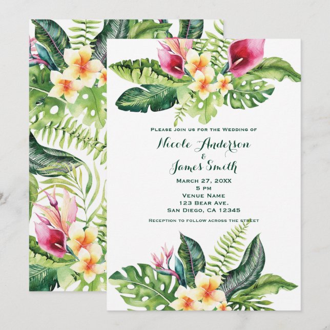 Fleurs tropicales Feuilles Invitations de mariage  (Devant / Derrière)