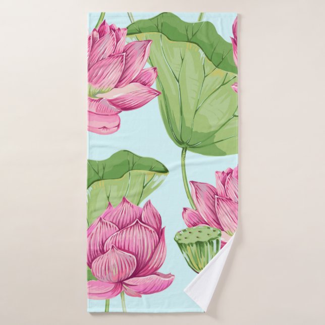 Fleurs tropicales, feuilles, lotus roses, nénuphar (Serviette de bain)