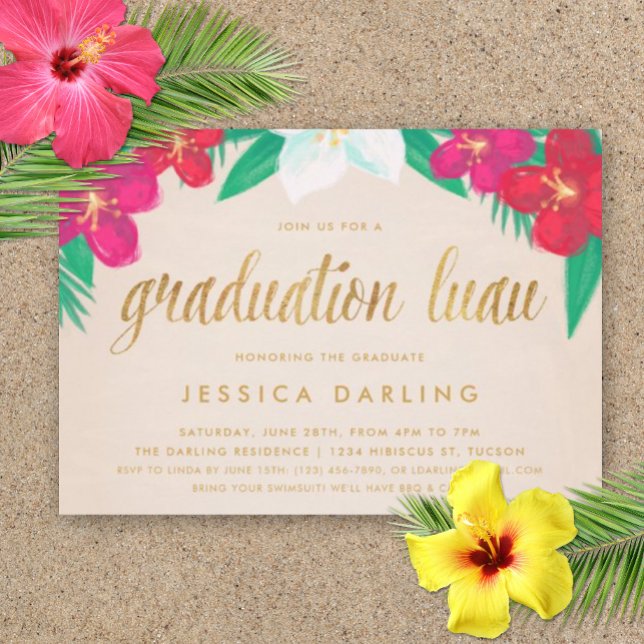 Fleurs tropicales Gold Graduation Luau Invitation (Graduation Luau Party Invitation)