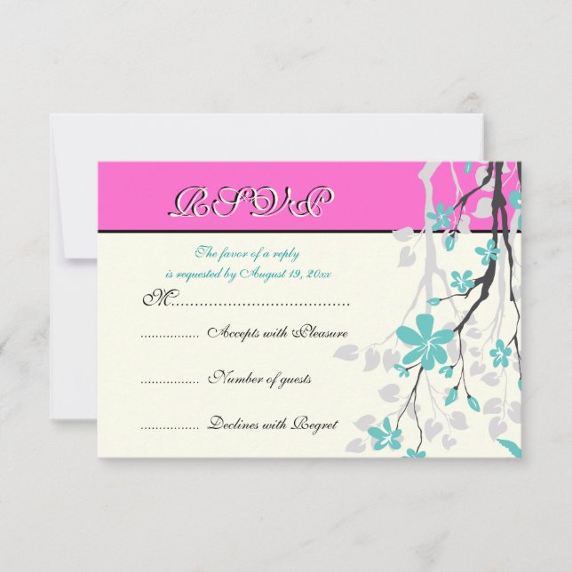 Fleurs turquoise, rose chaud mariage carte RSVP (Devant)