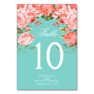 Fleurs turquoises et coralliennes Cartes de tabl