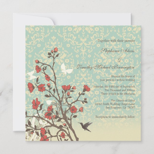 Fleurs vintages, oiseau + invitation de mariage (Devant)