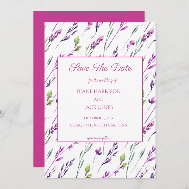 Fleurs violettes à l'aquarelle pour le faire-part  (Devant / Derrière)