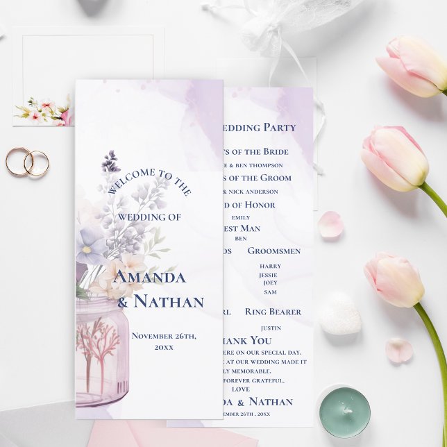 Fleurs violettes Dans Mason Jar Programme de maria (Purple Flowers In Mason Jar Floral wedding Program)