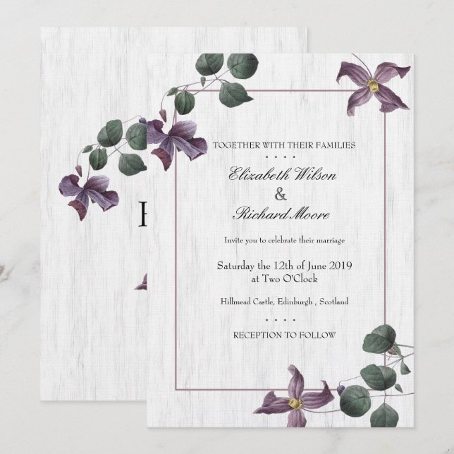 Fleurs violettes en bois blanc Invitation Mariage (Devant / Derrière)