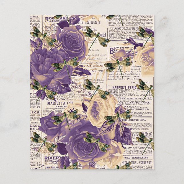 Fleurs violettes et libellules sur papier journal (Devant)