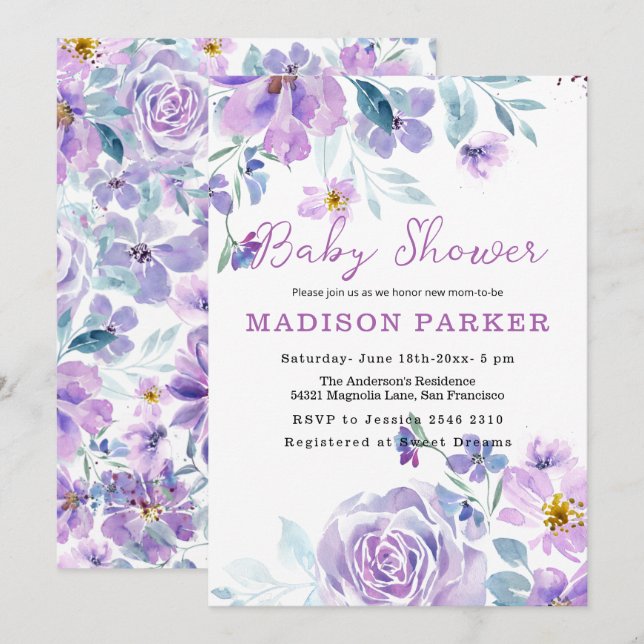 Fleurs violettes et roses Invitation bébé (Devant / Derrière)