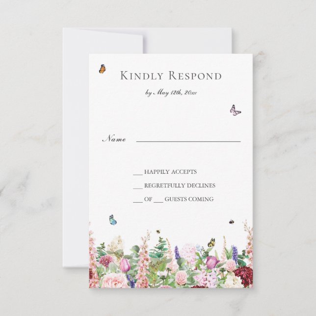 Fleurs violettes roses avec Papillons Carte RSVP (Devant)