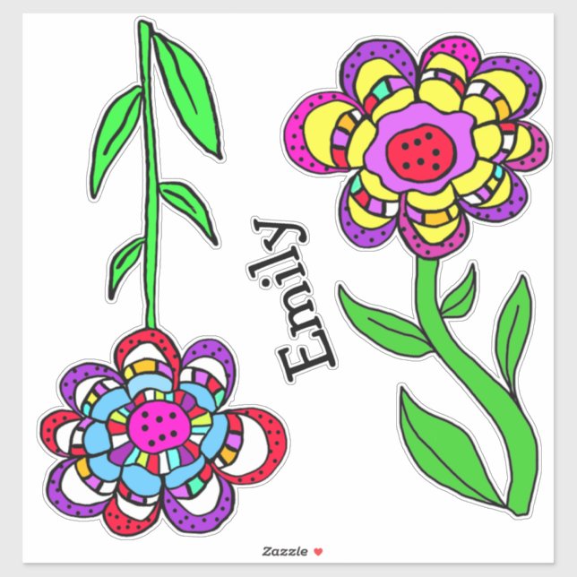 Fleurs Whimsical colorées et Sticker de nom (Feuille)