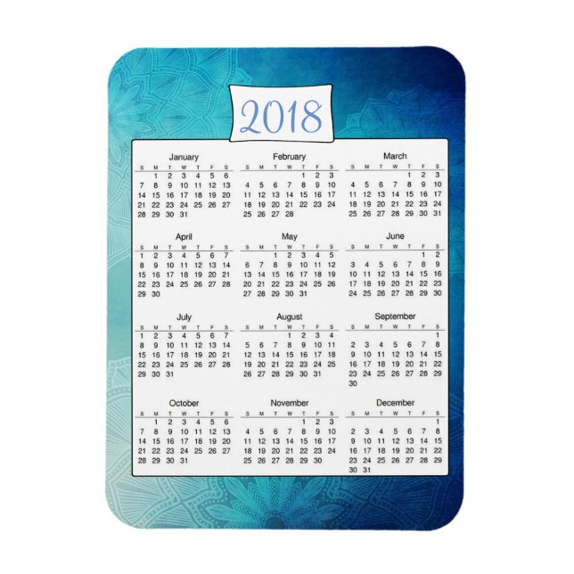 Flexible 2018 Mystique Turquoise Mandala Calendrier Magnet (Vertical)