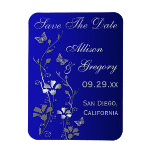 Flexible Bleu, Papillon Argent Floral Save Date Magnet