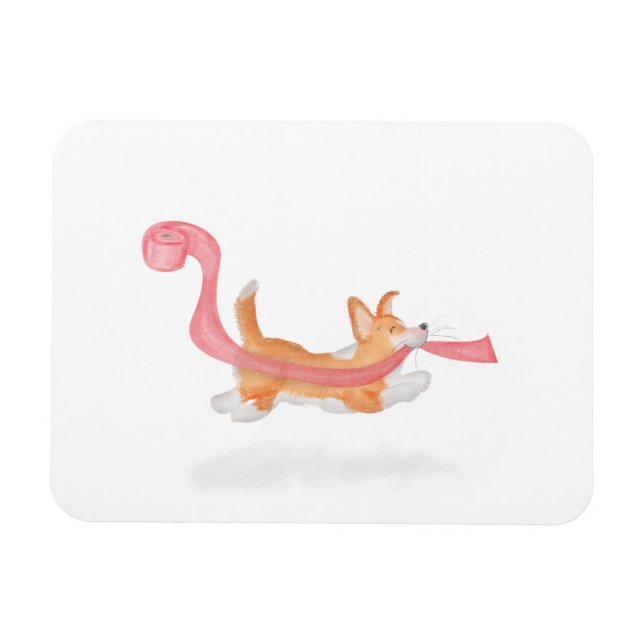 Flexible Cute corgi puppy stealing toilet roll magnet (Horizontal)