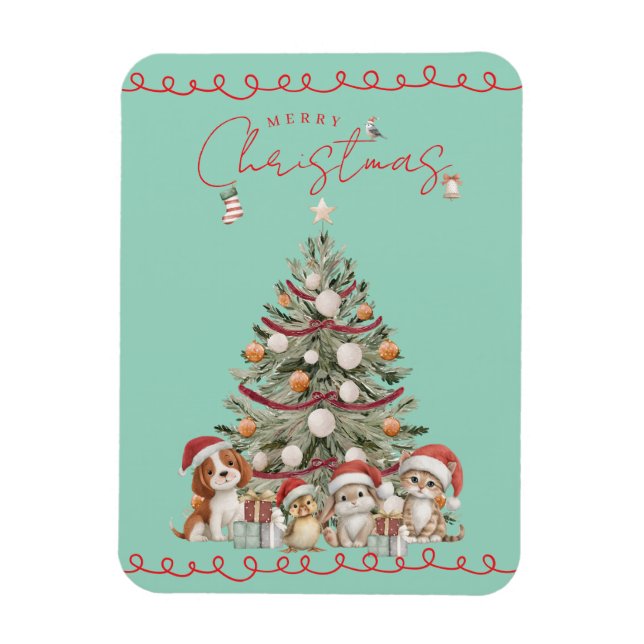 Flexible Cute Pets Christmas Magnet on Aqua Background (Vertical)