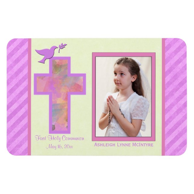 Flexible Filles rose rayé 1ère Sainte Communion Magnet phot (Horizontal)