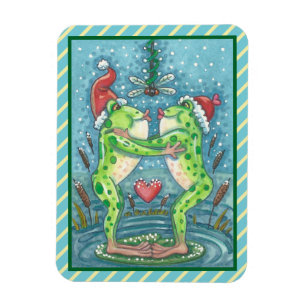 FLEXIBLE KISSING FROGS, DRAGONFLY MISTLETOE HOLIDAY MAGNET