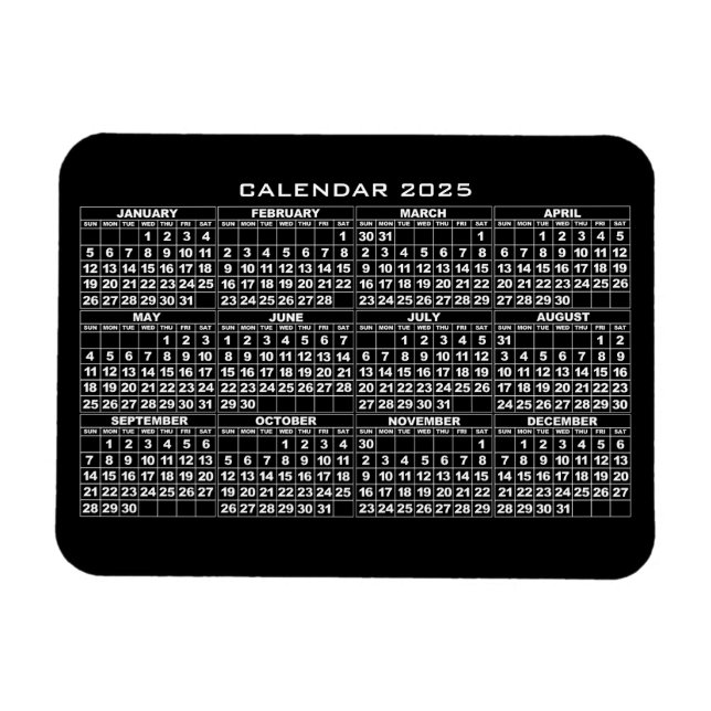 Flexible Magnet noir 2025 Calendrier (Horizontal)