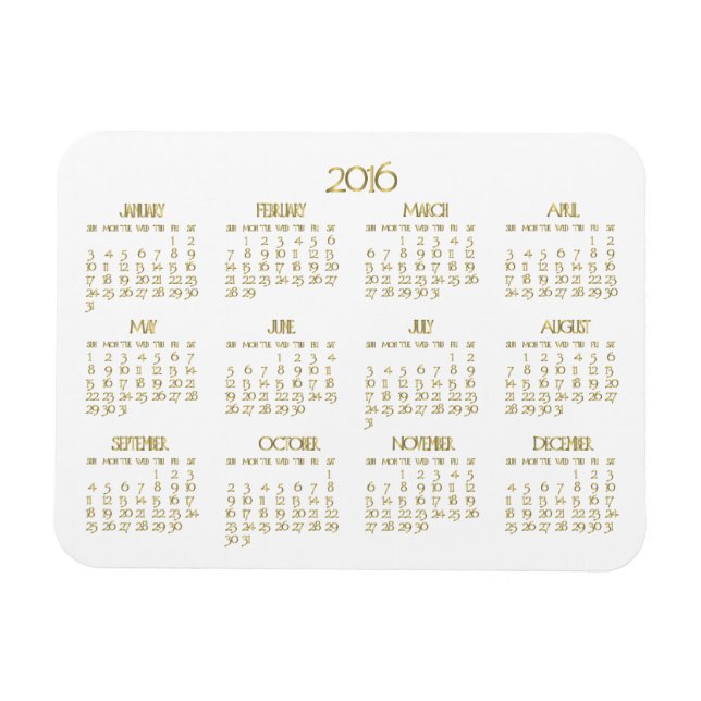 Flexible Petit Calendrier Annuel Blanc Et Or 2016 Magnet (Horizontal)