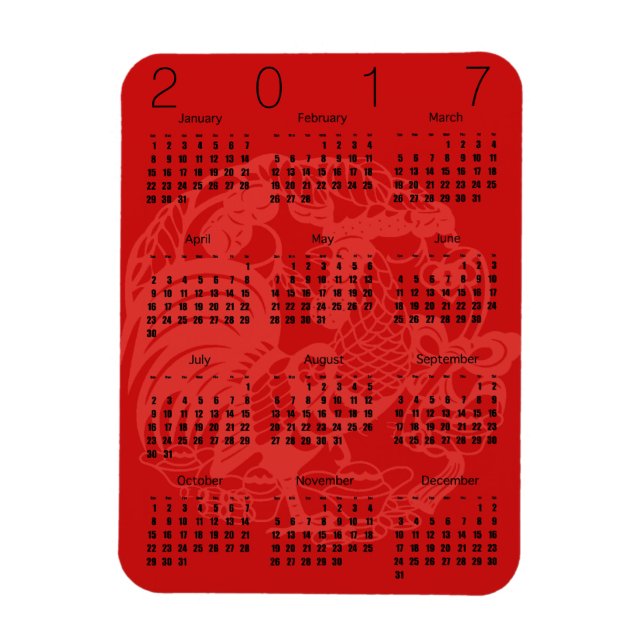 Flexible Red Papercut Rooster Calendar 2017 Magnet (Vertical)