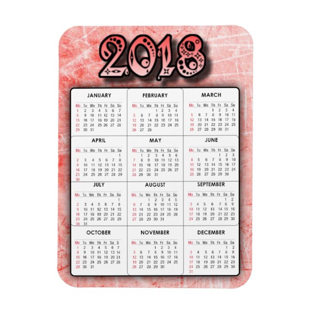 Flexible Rouge 2018 Calendrier Réfrigérateur Magnet (Vertical)