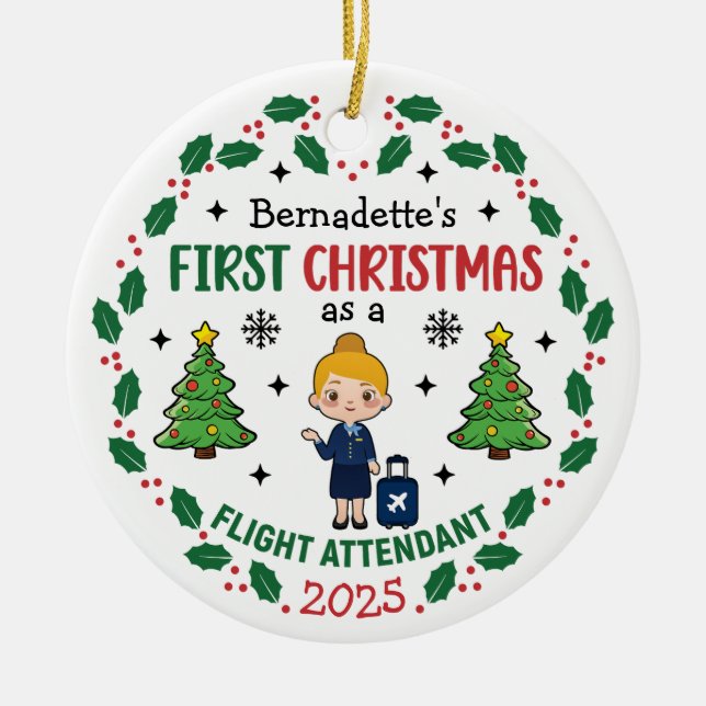 Flight Attendant First Christmas Personalized Ceramic Ornament (Front)