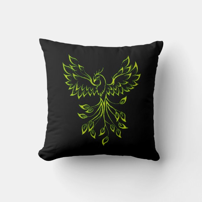 Flight of A Phoenix Green on Black Throw Pillow (Front)
