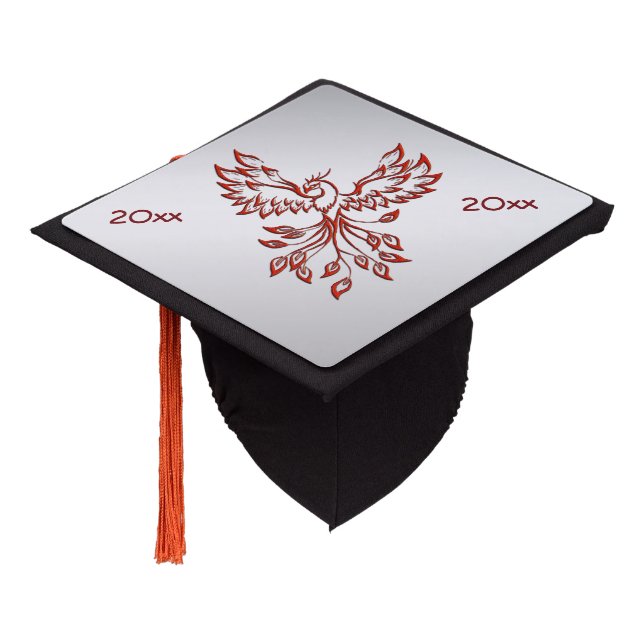 Flight of A Phoenix Red on Silver Graduation Cap Topper (Angled)