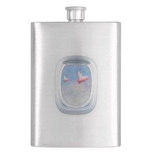 Flight of Fancy - Pigs Flying Past Airplane Window Hip Flask