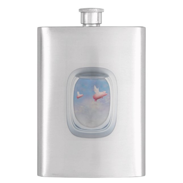 Flight of Fancy - Pigs Flying Past Airplane Window Hip Flask (Front)