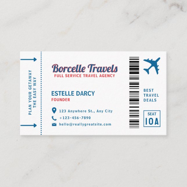 Flight Ticket Style Travel Agent Business Card (Front)