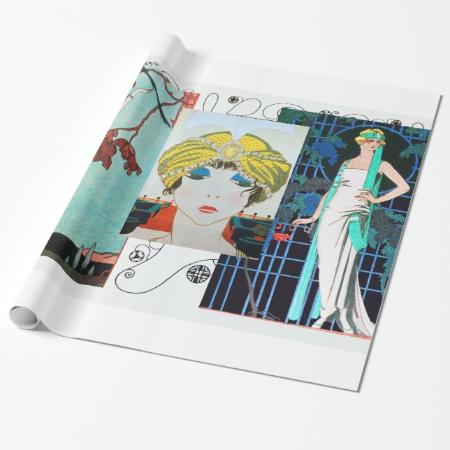 FLIGHTY BIRD / NIGHT ROSE ART DECO BEAUTY FASHION WRAPPING PAPER (Unrolled)