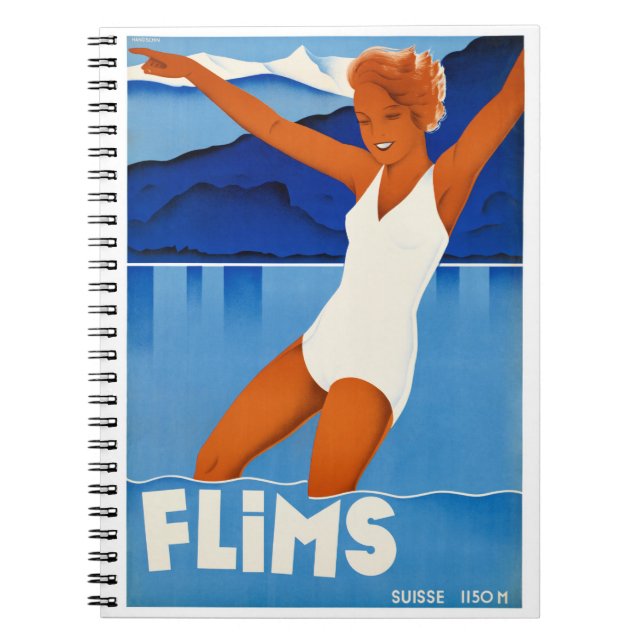 Flims Switzerland Vintage Travel Poster Restored Notebook (Front)