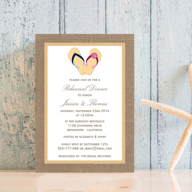 Flip-Flop Sand Beach Burlap Rehearsal Dinner Invitation (Creator Uploaded)
