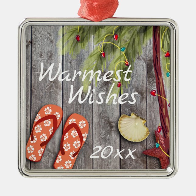 Flip Flops and Christmas Palm Tree with Year Beach Metal Ornament (Front)