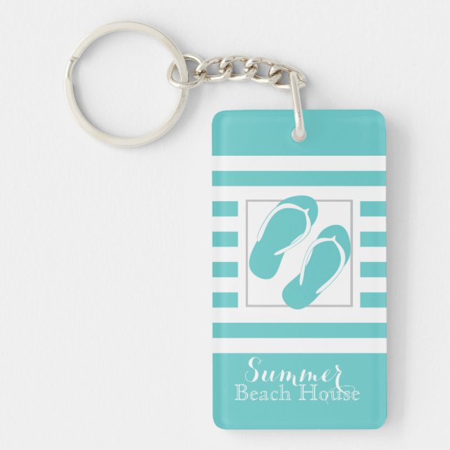Flip Flops Aqua Stripe Beach House Keychain (Front)