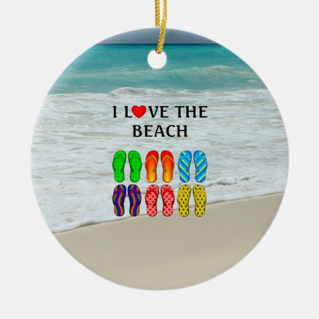 Flip-Flops Beach Love, colourful design, Ceramic Ornament (Front)