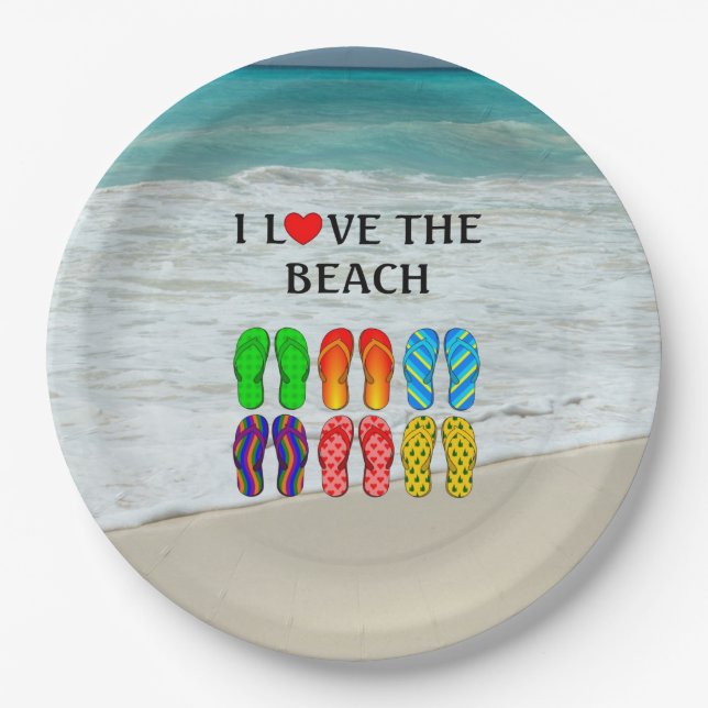 Flip-Flops Beach Love, colourful design Paper Plate (Front)