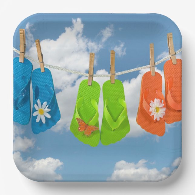 Flip-Flops On Clothesline Paper Plate (Front)