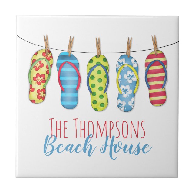 Flip Flops Personalized Colourful Beach House Tile (Front)