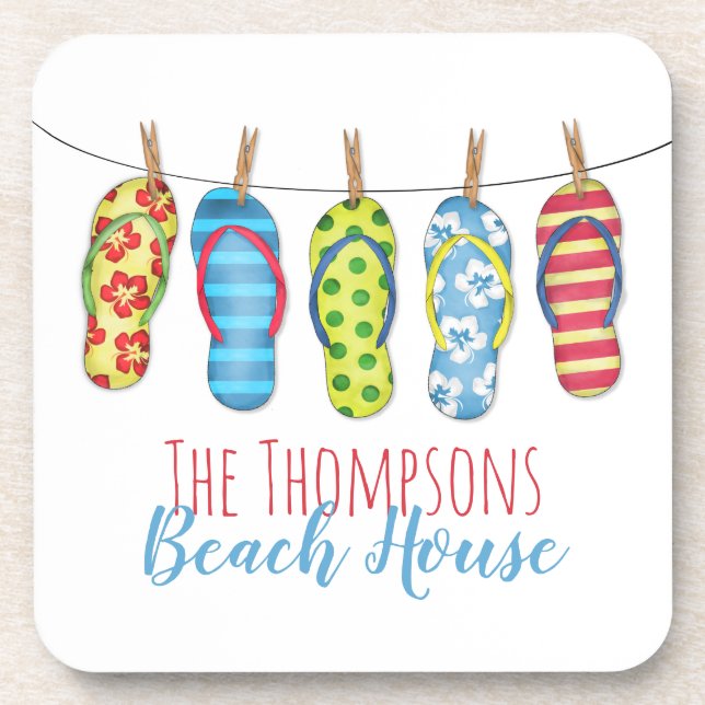 Flip Flops Personalized Whimsical Beach House Coaster (Front)