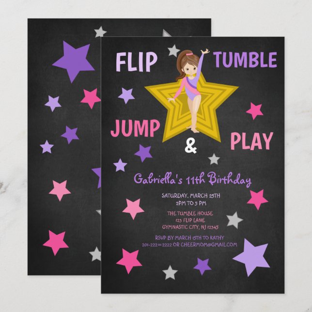 Flip, Tumble, Jump, & Play Gymnastics Birthday Invitation (Front/Back)